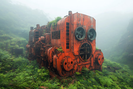 Discover a rustic abandoned train engine enveloped in lush greenery and fog, showcasing the beauty of decay and nature's reclamation.の写真素材