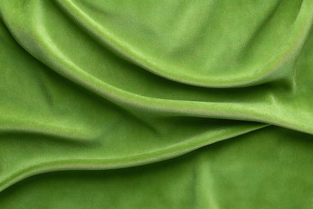 A close-up view of luxurious bright green velvet fabric, showcasing its soft texture and elegant drapery. Ideal for fashion and interior design projects.の写真素材