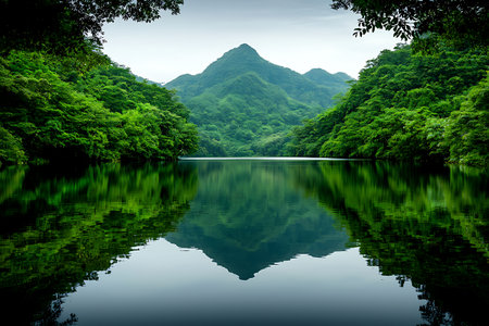 This stunning image showcases a serene mountain lake framed by lush green forests and a perfect reflection of the surrounding peaks, creating a peaceful atmosphere.の写真素材