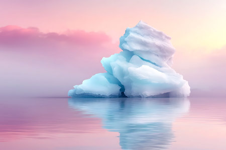 A stunning photo of an iceberg floating serenely in calm waters, reflecting soft pastel colors of...