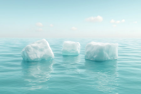 A serene view featuring icebergs floating on a calm sea, under a clear sky adorned with soft clouds. The tranquil scene evokes peace and natural beauty.の写真素材