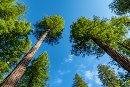 Experience the breathtaking perspective of towering trees reaching toward a bright blue sky in a lush green forest. This serene landscape highlights the beauty of nature and invites exploration.の写真素材