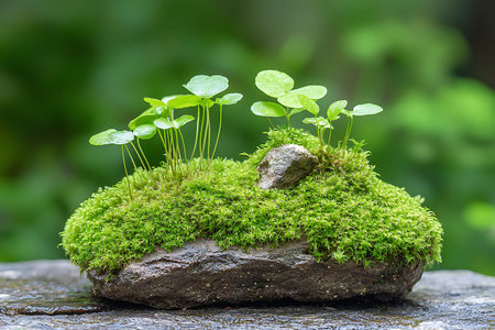 A tranquil scene featuring a moss-covered stone with small, delicate plants emerging, creating a vibrant green composition in nature's embrace.の写真素材