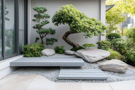 Discover a calming zen garden featuring a lush bonsai tree, smooth stones, and sleek decking for a tranquil outdoor space that enhances relaxation and harmony.の写真素材