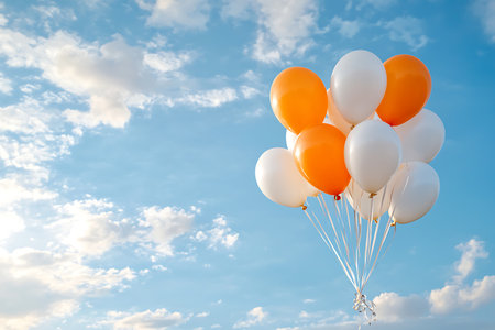 A vibrant display of orange and white balloons floating against a clear blue sky, creating a joyful and cheerful atmosphere, perfect for celebrations and events.の写真素材