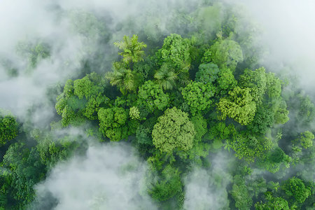 A breathtaking aerial view of a dense green forest steeped in mist, showcasing the rich diversity of...