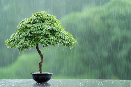 A vibrant bonsai tree stands gracefully in its pot, drenched by rain. The blurred green backdrop evokes tranquility, highlighting nature's beauty.の写真素材