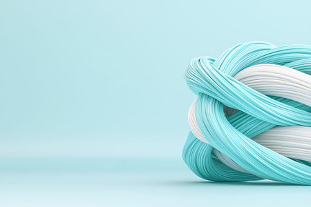 This image features an abstract knot made of soft, colorful yarn against a light blue background,...