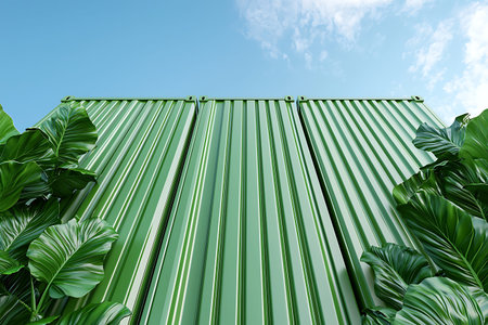 This image features vibrant green shipping containers embraced by lush tropical foliage, set against...
