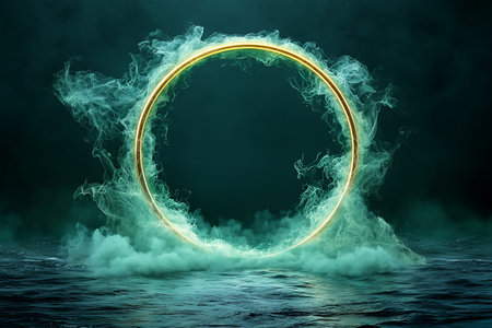 A mesmerizing green smoke ring floats above dark waters, creating an enigmatic atmosphere. The mystical glow and surreal vibe evoke a sense of wonder and magic.の写真素材