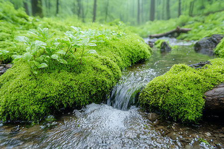 A stunning view of lush green moss surrounding a flowing stream in a serene forest. The vibrant plants create a peaceful atmosphere perfect for nature lovers.の写真素材