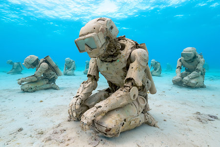 This captivating underwater scene features futuristic robots crafted from recycled materials, creating an intriguing blend of art and technology beneath the ocean waves.の写真素材