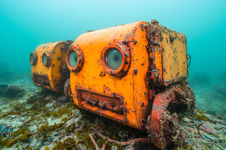 Two vintage yellow submersibles sit submerged in the ocean, surrounded by colorful seaweed and...