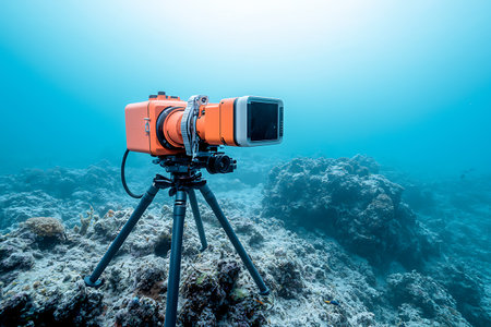A bright orange camera on a tripod sits underwater, showcasing the vibrant coral reef. This image captures the essence of aquatic exploration and marine life photography.の写真素材