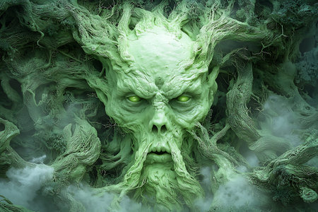A mesmerizing green creature with deep-set eyes emerges from twisting roots and fog, blending nature...