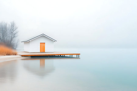A serene white cabin sits peacefully on a wooden dock, surrounded by misty water and a tranquil atmosphere, inviting calm and reflection in nature.の写真素材