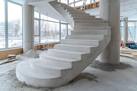 A stunning spiral staircase under construction, bathed in natural light, showcasing modern architecture. This elegant design highlights the beauty of minimalism and structural innovation.の写真素材