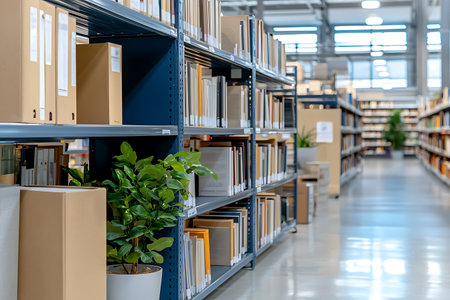This modern library interior showcases shelves filled with books, combined with decorative plants,...