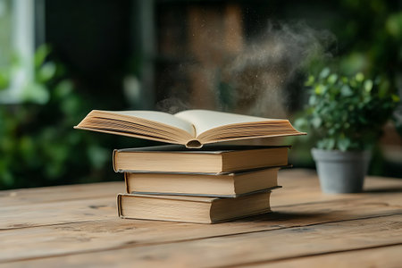 An enchanting scene featuring an open book suspended above a stack of books on a wooden table, complemented by a green plant, creating a serene atmosphere perfect for study and reflection.の写真素材