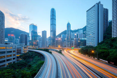 A stunning evening cityscape of Hong Kong showcasing illuminated skyscrapers and bustling traffic,...
