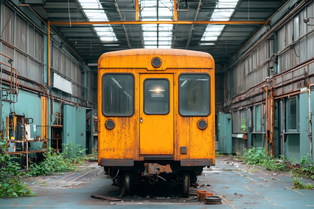 This image showcases an abandoned vintage train car in a derelict factory, surrounded by overgrown plants. The scene reflects a blend of urban decay and nostalgic history.の写真素材