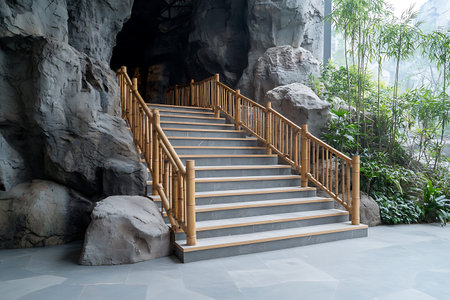 A serene bamboo staircase ascends through a rocky cave, surrounded by lush greenery. This inviting scene offers a peaceful escape into nature.の写真素材