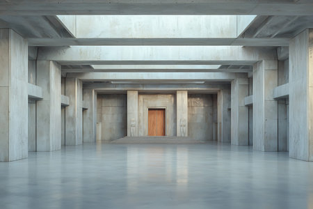 This minimalist concrete interior showcases a vast open space with symmetrical columns and a central wooden doorway, highlighting industrial design and tranquility.の写真素材