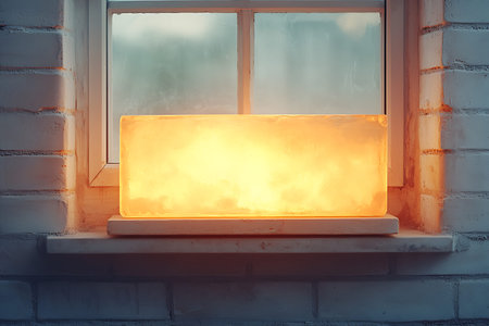 A warm glow emanates from a block of light on a windowsill, creating a serene atmosphere. The...