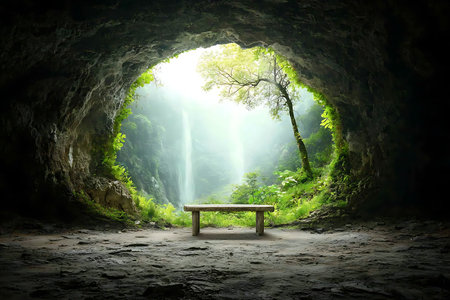 A tranquil scene inside a cave with a wooden bench, lush greenery, and a cascading waterfall in the background. Ideal for nature themes.の写真素材