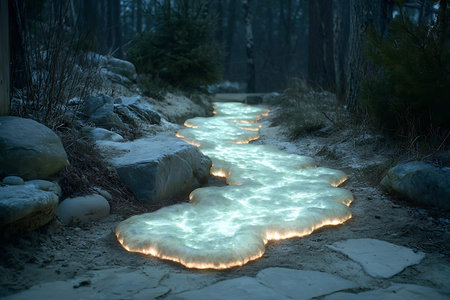 A mesmerizing glowing pathway meanders through a tranquil forest at dusk, creating an enchanting ambiance and inviting exploration.の写真素材