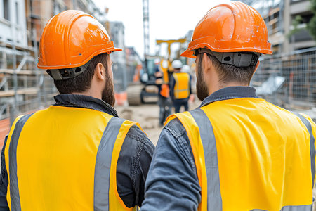 Two construction workers in safety gear observe a bustling building site, showcasing teamwork and dedication in urban development as machinery operates in the background.の写真素材