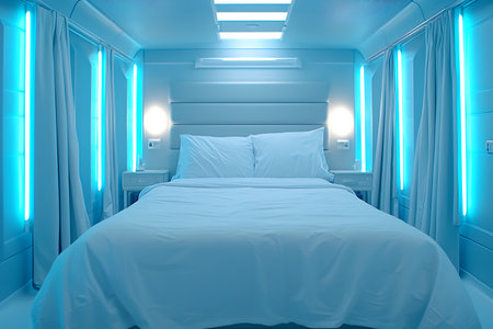 Experience modern minimalism in this serene bedroom featuring blue ambient lighting and sleek furniture. Perfect for relaxation and comfort.の写真素材