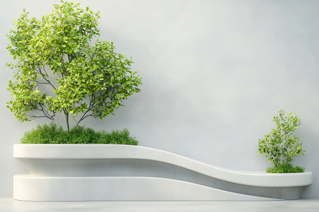 This image features a modern minimalist design showcasing lively green trees on a sleek white structure, blending nature with contemporary art.の写真素材