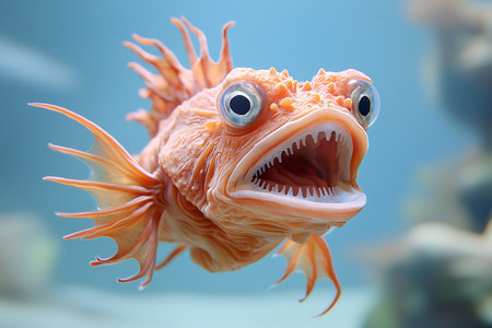 A stunning close-up image of a vibrant orange fish showcasing its unique features in a serene underwater setting, highlighting its captivating eyes and fins.の写真素材