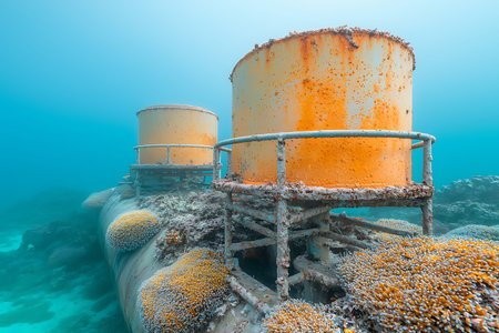 Discover the beauty of abandoned metal structures under clear blue waters, adorned with colorful...