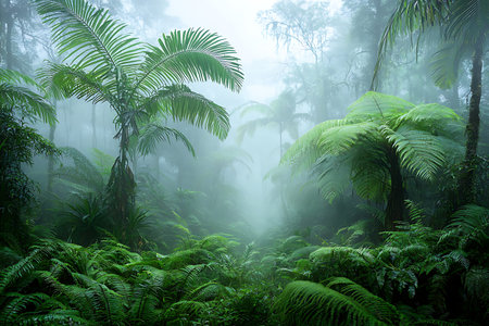 A captivating view of a lush tropical rainforest enveloped in mist, showcasing vibrant greenery and...