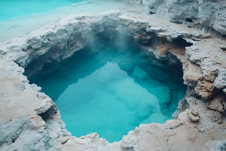 A mesmerizing natural thermal spring pool featuring turquoise water and unique rock formations. This serene landscape captures the beauty of geothermal wonders.の写真素材