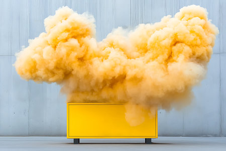 A striking visualization featuring a bright yellow box releasing an impressive cloud of orange smoke, set against a minimalist backdrop. Perfect for creative projects.の写真素材
