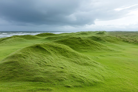 Captivating green landscape featuring rolling hills under a dramatic sky. The windy coastline meets lush grass, creating a serene atmosphere perfect for nature lovers.の写真素材