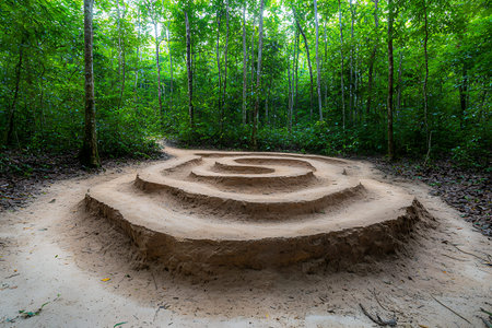 A beautifully crafted spiral path made of soil lies within a vibrant green forest, inviting visitors...