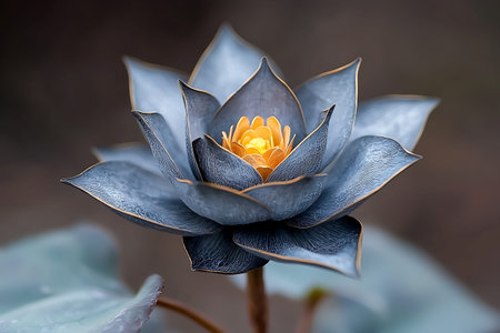 Stunning closeup of a unique lotus flower featuring blue petals and a bright orange center, creating a beautiful contrast against a dark background.の写真素材