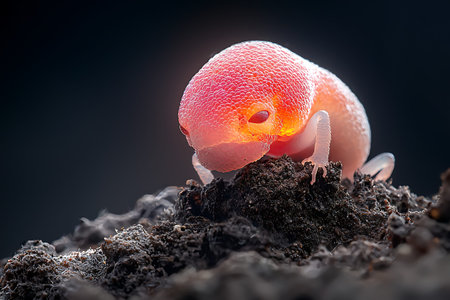 This close-up image shows a vibrant amphibian hatchling sitting on a dark surface. The creature...