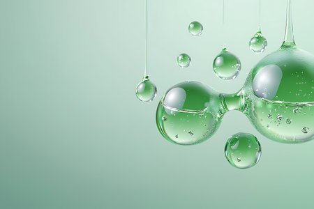 Stunning close-up image of green water droplets suspended against a soft pale green backdrop, evoking feelings of freshness and tranquility. Perfect for eco-friendly themes.の写真素材