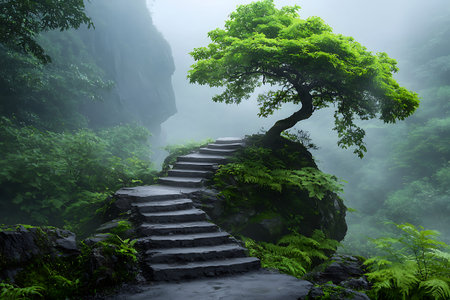 Explore a tranquil pathway winding through a misty forest, featuring a solitary tree on a rock. Experience the serene beauty of nature in a lush green setting.の写真素材