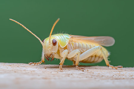 This close-up capture of a yellow green insect on a wood surface highlights intricate details. The blurred green backdrop enhances the natural beauty and intrigue of macro photography.の写真素材