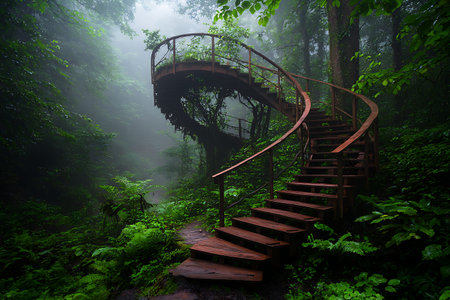 A captivating spiral staircase emerges through a misty forest, surrounded by vibrant greenery. This enchanting scene invites exploration and adventure, evoking a sense of peace and magic.の写真素材