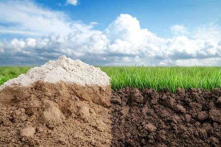 A vibrant landscape showcasing distinct soil layers alongside lush green grass under a bright blue sky. Ideal for educational and environmental themes.の写真素材