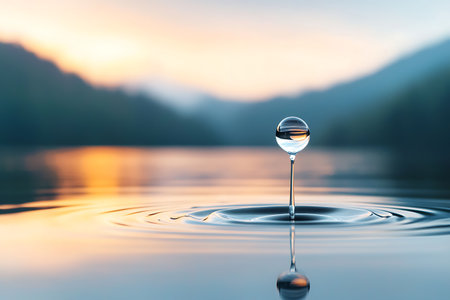 A stunning photo of a water droplet creating ripples on a calm lake surface at sunrise, showcasing the beauty of nature and tranquility.の写真素材