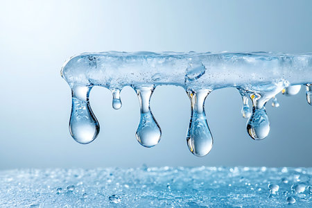 This close-up image captures the beauty of melting ice, showcasing droplets forming on a clear...