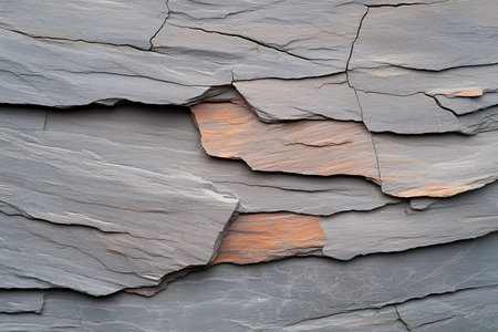 A high-resolution image of a grey slate rock surface featuring unique textures and natural patterns,...
